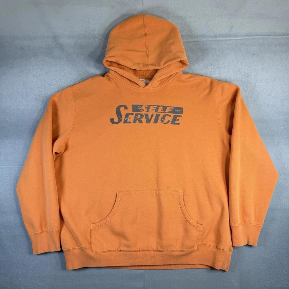 Vintage 90s Self Service Hoodie Mens XL/XXL Orange Fleece Pullover Graphic
